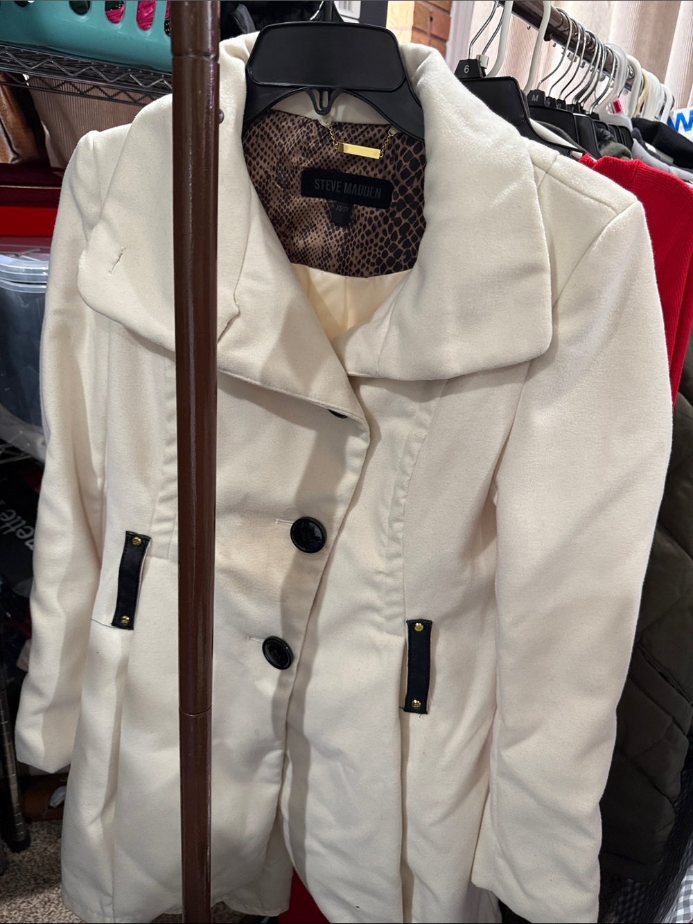 Steve Madden Cream Button-Front Pea Coat with Contrast Trim
